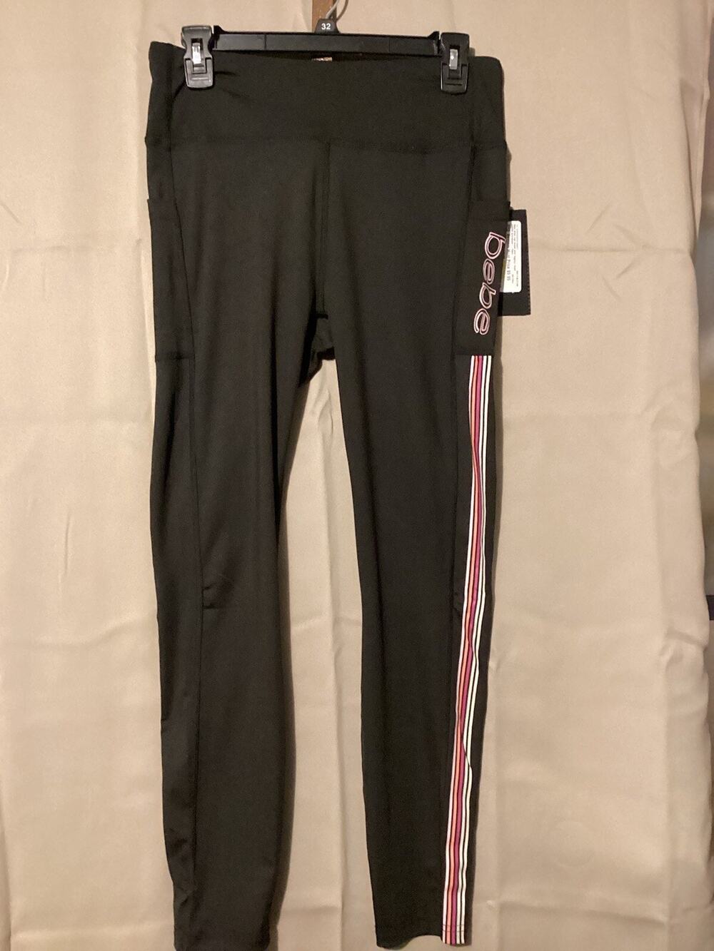 Bebe Women’s Leggings Activewear Logo Screen Stripe Print - Black SZ Large NWT